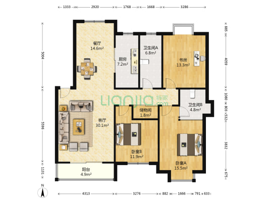 龙居山庄 3室2厅2卫 131平方
