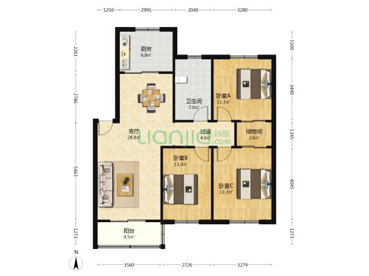 省化工研究院宿舍 3室1厅1卫 106平方