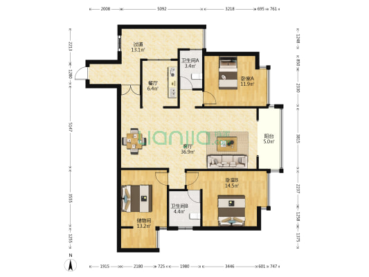 经典双城D区 2室2厅2卫 129平方