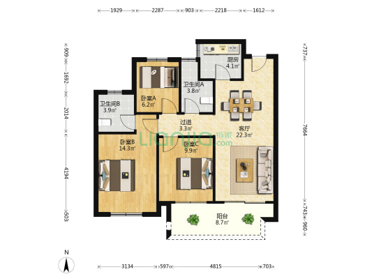 四季华庭 3室1厅2卫 97平方