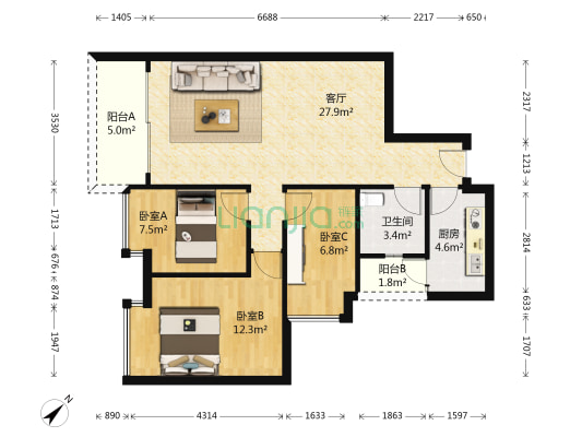 南国嘉园 3室1厅1卫 89平方