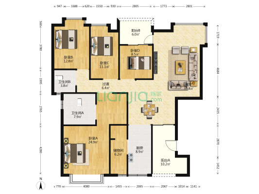 丽江花园北区 4室1厅2卫 176平方