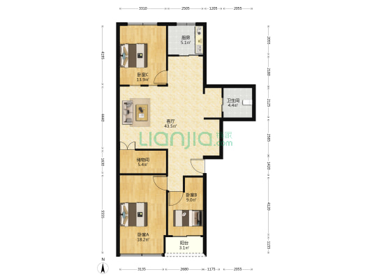 海关裙楼 3室1厅1卫 120平方