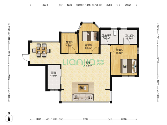 东辉·翰林鑫苑 3室1厅2卫 88平方