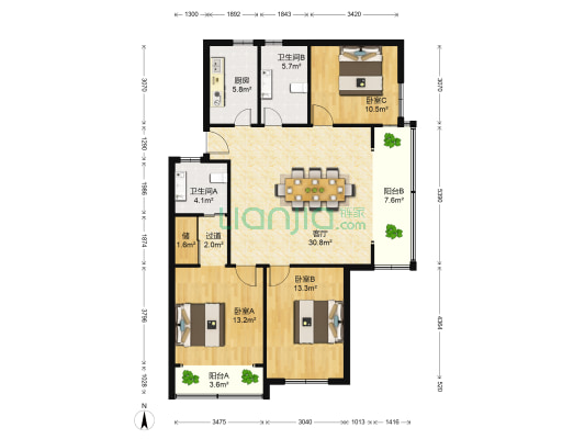 虹御公寓 3室1厅2卫 121平方