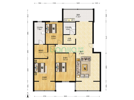 银河金店宿舍 3室1厅2卫 162平方