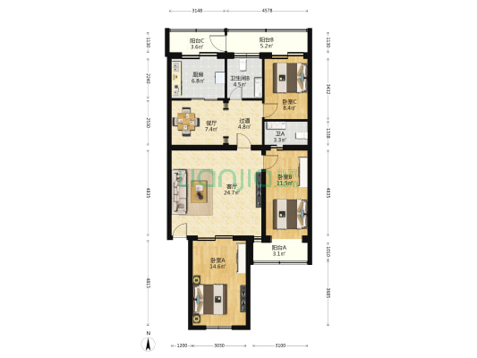 滨湖南街小区 3室2厅2卫 128平方