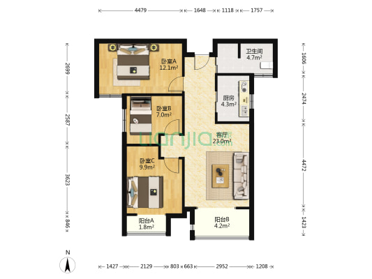 橡树6号 3室1厅1卫 100平方
