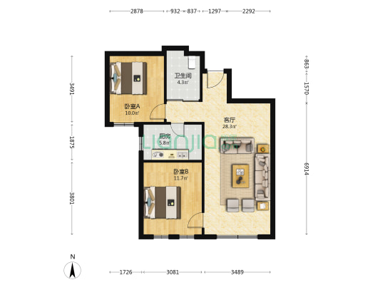 融创城融义园 2室1厅1卫 84平方