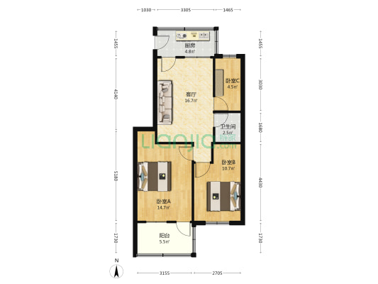 富临花园 3室1厅1卫 69平方