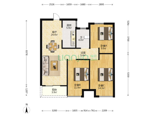 浩创梧桐花语 3室1厅1卫 100平方