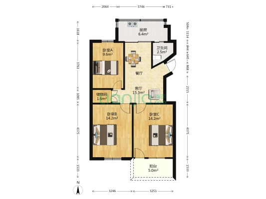 机床厂宿舍 3室1厅1卫 76平方