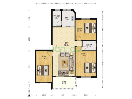 桂华教师村 3室1厅2卫 122平方