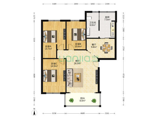 金星住宅 3室2厅1卫 123平方