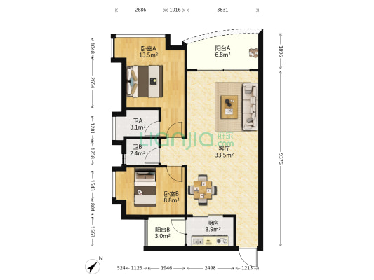 西湾恒信花园 2室1厅2卫 89平方