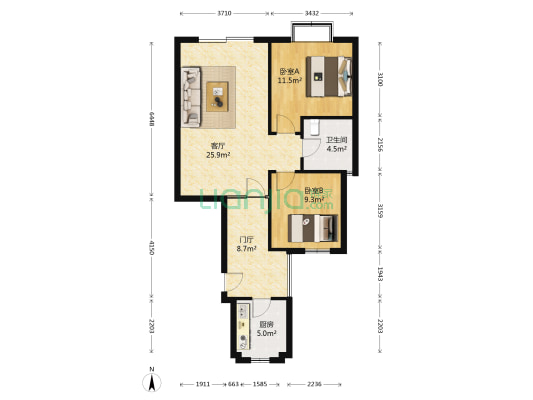 川铁天佑嘉园 2室1厅1卫 91平方