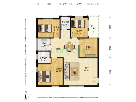 映月路 4室1厅2卫 104平方