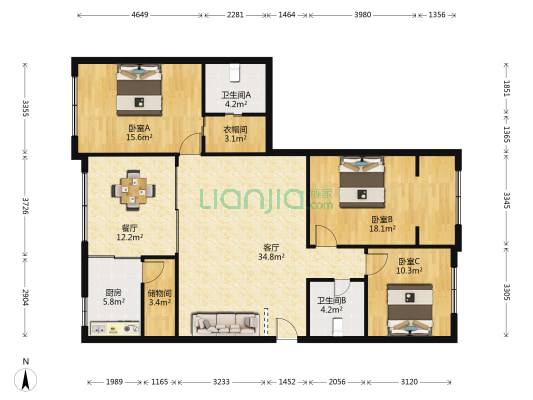 华联大厦 3室2厅2卫 140平方