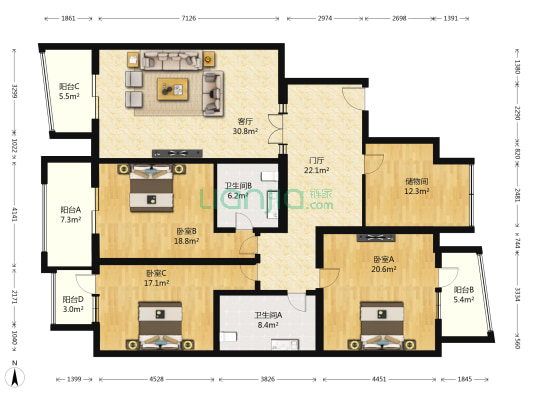 鸿安国际大厦 3室1厅2卫 222平方