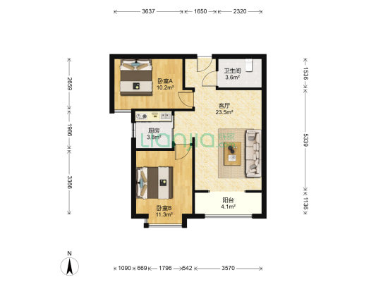 惠友万悦城，全南向两居，社区环境好-户型图