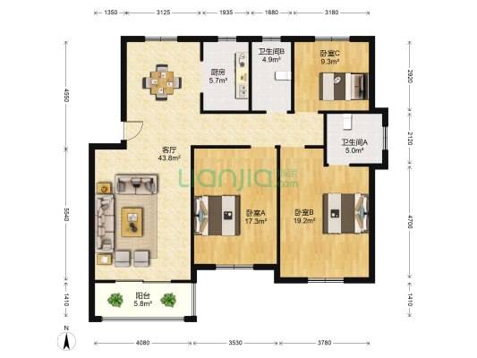 育新公寓 3室1厅2卫 131平方