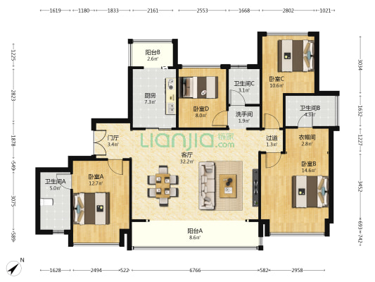 观颂府 4室1厅4卫 140平方