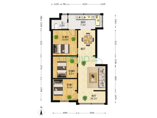 人民西路20号 3室1厅1卫 58平方
