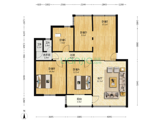 龙腾阁 5室1厅3卫 106平方