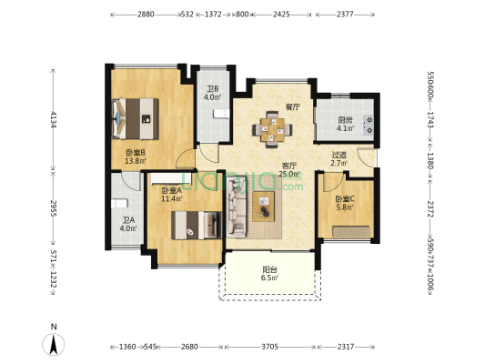 怡景豪庭 3室1厅2卫 90平方