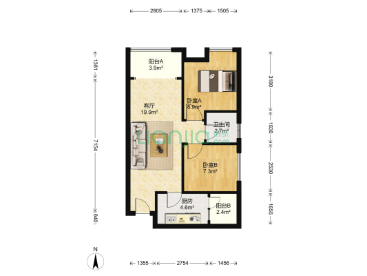 南城水岸 2室1厅1卫 71平方