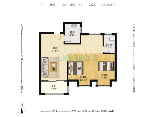 江天府 2室1厅1卫 87平方