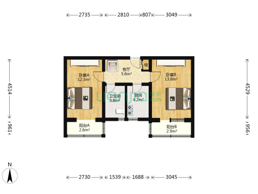 邮局宿舍 2室1厅1卫 57平方