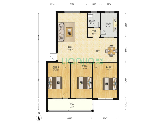 虎泉花园 3室1厅1卫 128平方