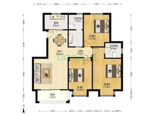 施家园花苑南区 3室1厅2卫 125平方