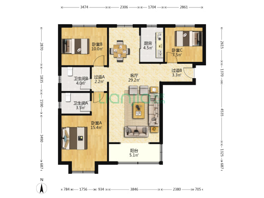 帝华鸿府 3室1厅2卫 117平方