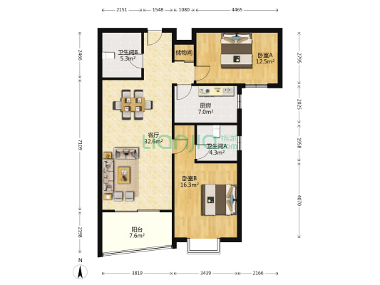 延安嘉苑 2室1厅2卫 109平方