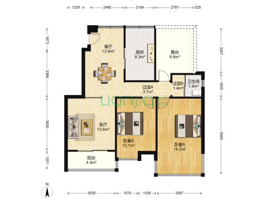 俊豪城东区 2室2厅1卫 91平方