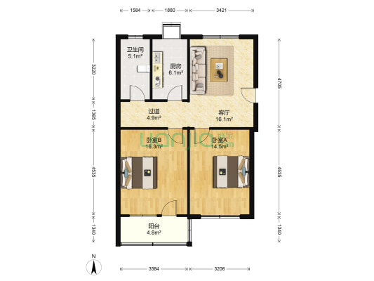 孟砦北街12号院 2室1厅1卫 84平方