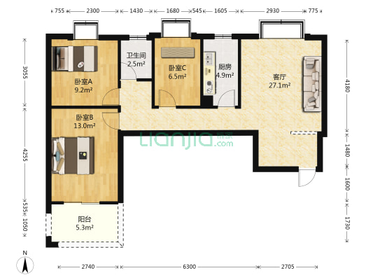 凤湖新城四区 3室1厅1卫 91平方