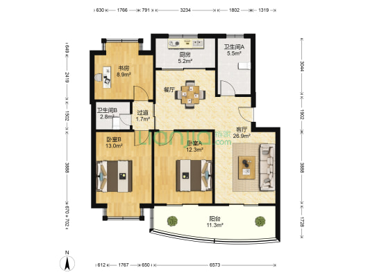 阳海景怡 3室1厅2卫 103平方
