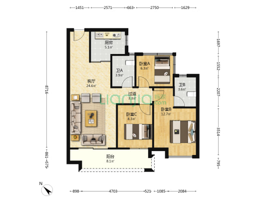 聚龙天誉湾三期 3室1厅2卫 95平方