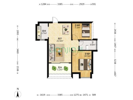 鲁能·钓鱼台·美高梅 2室1厅1卫 64平方