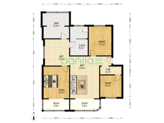 龙湖新城 2室2厅1卫 127平方