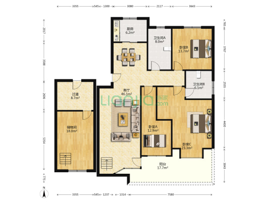 工商城 3室1厅2卫 133平方