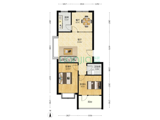 恒康南区 2室2厅1卫 85平方