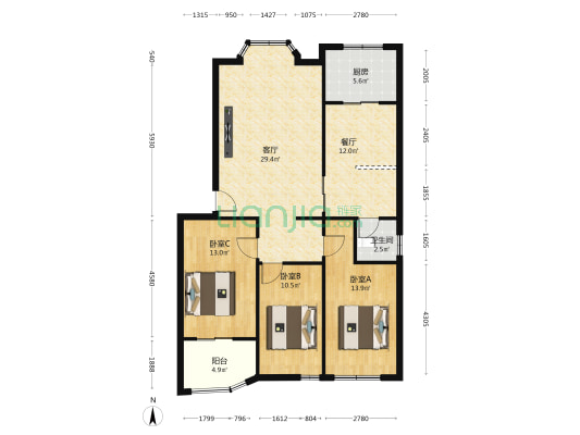 范阳路 南北通透大三居  高楼层  采光好-户型图