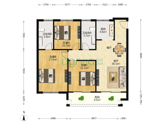 长宏水岸名城 3室1厅2卫 130平方