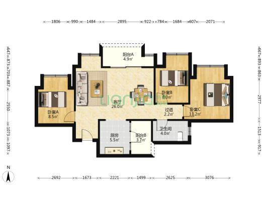 东原大发印未来北区 3室1厅1卫 80平方