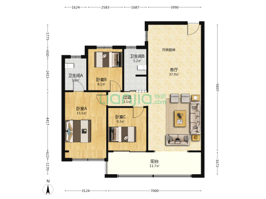 汉泽府 3室1厅2卫 126平方