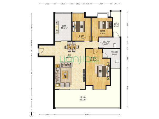 紫金莊園 3室1厅2卫 130平方